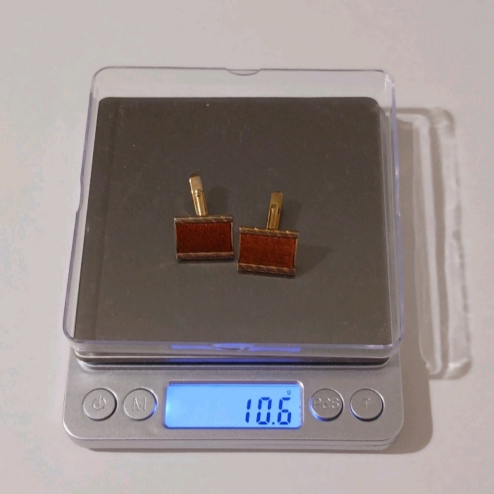 VTG Swank Gold Tone Rectangular Cufflinks Brown Faux Leather Inlay MCM Retro - Picture 9 of 9